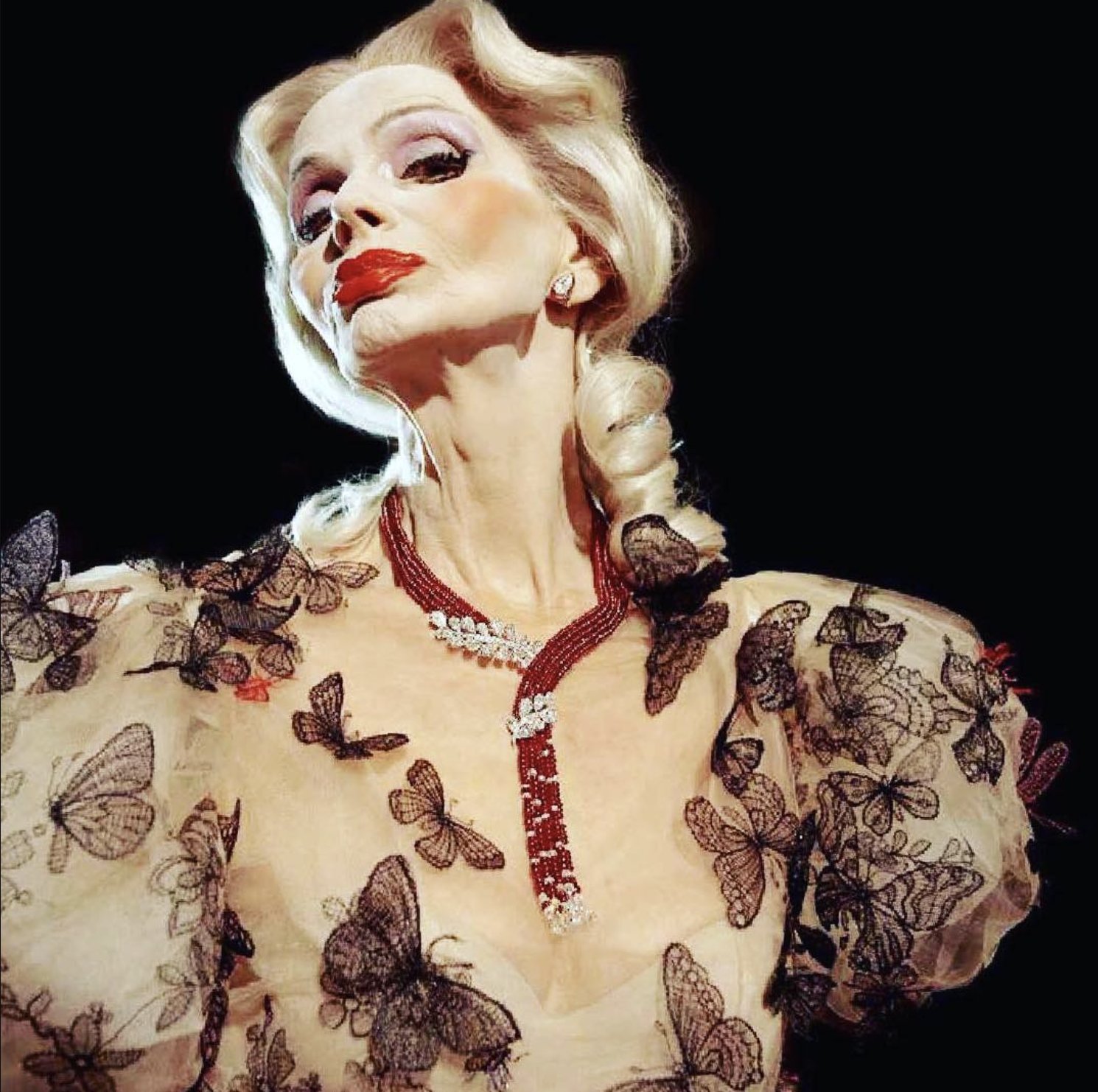 Beauty editorial, sheer butterfly dress with high jewellery necklace